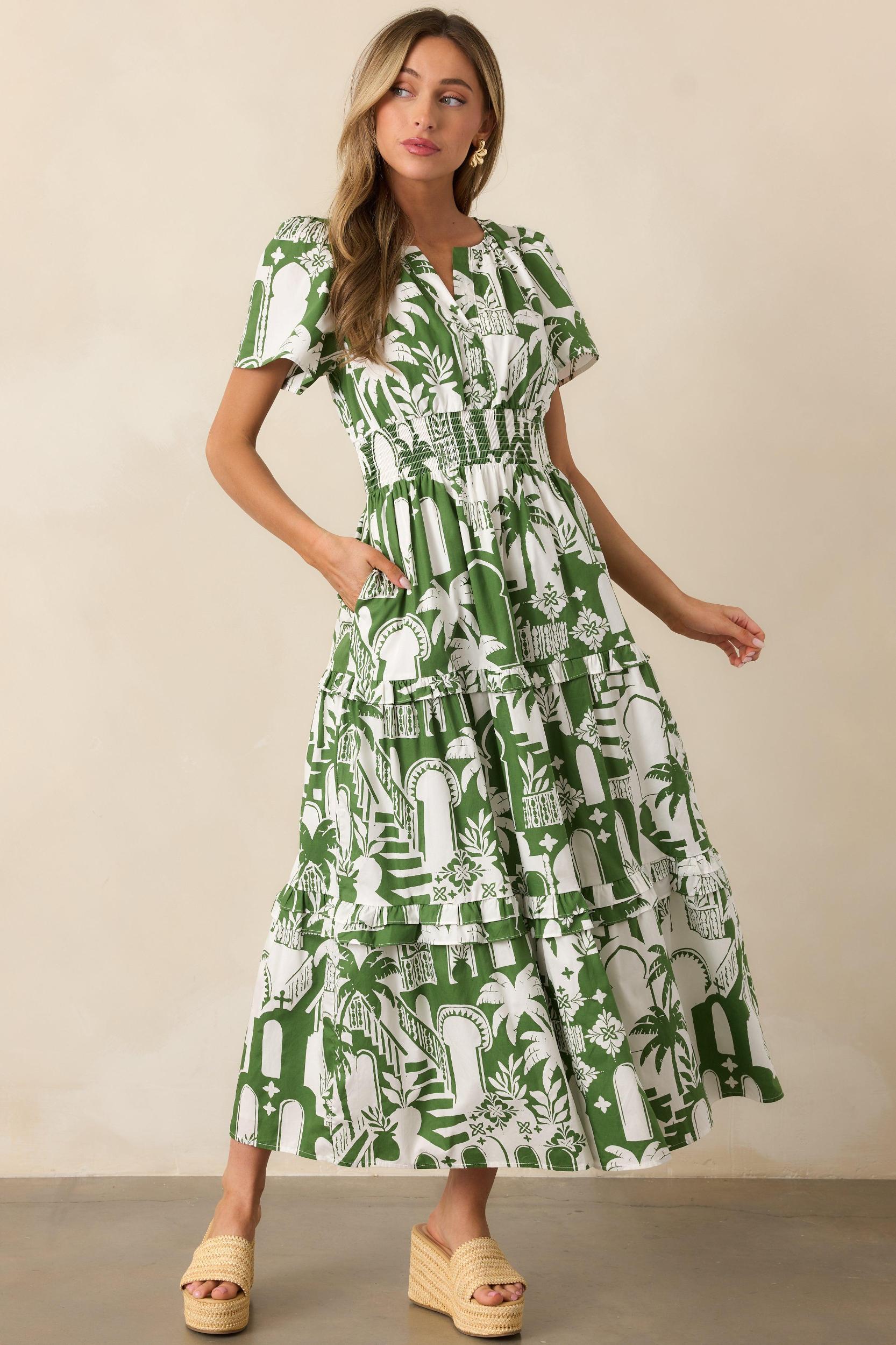 Island Glow Cotton Green Tropical Palm Print Maxi Dress Product Image