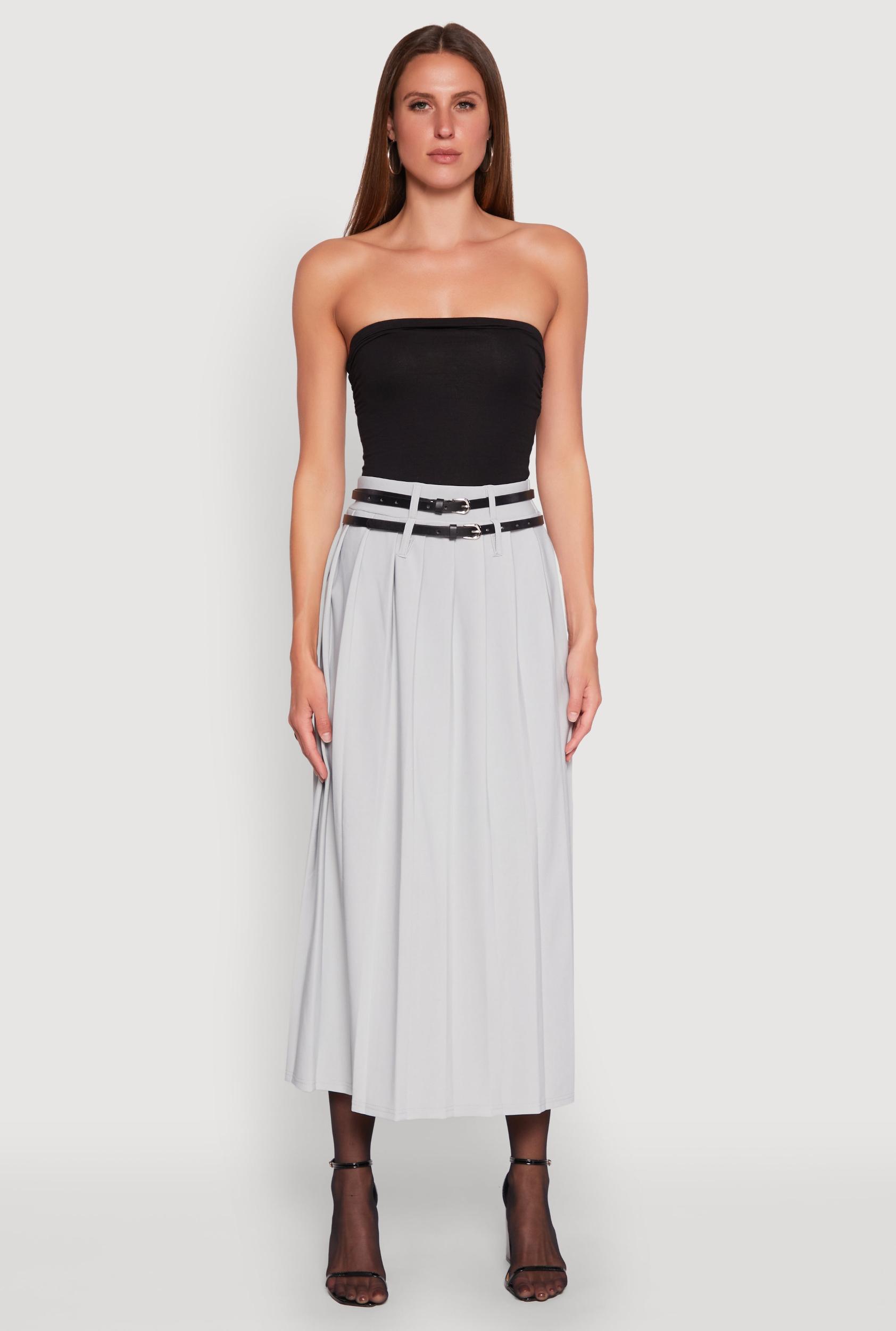 Womens Double Belted Side Slit Pleated Skirt Product Image