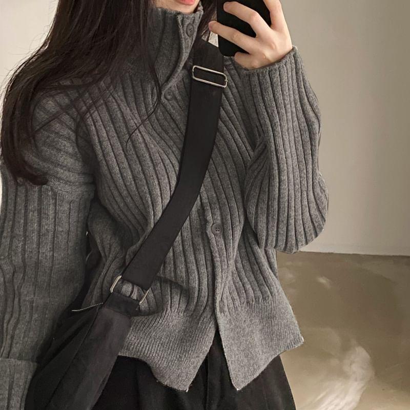 Stand Collar Plain Ribbed Cardigan Product Image