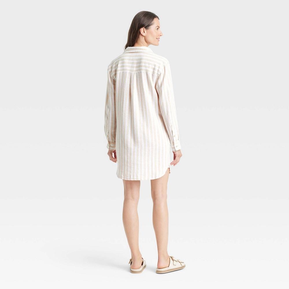 Womens Long Sleeve Popover Mini Shirtdress - Universal Thread Tan Striped XS: Linen Rayon Blend, Pullover Style Product Image