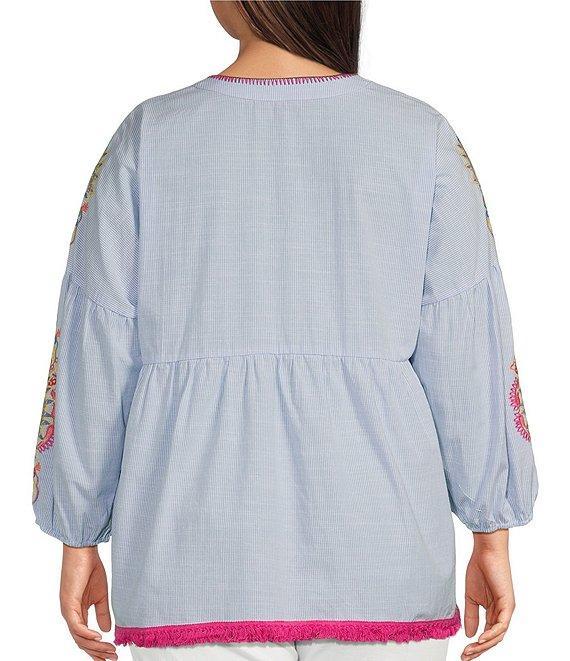 Calessa Plus Size Embroidered Patchwork Split Round V-Neck 3/4 Sleeve Tunic Product Image