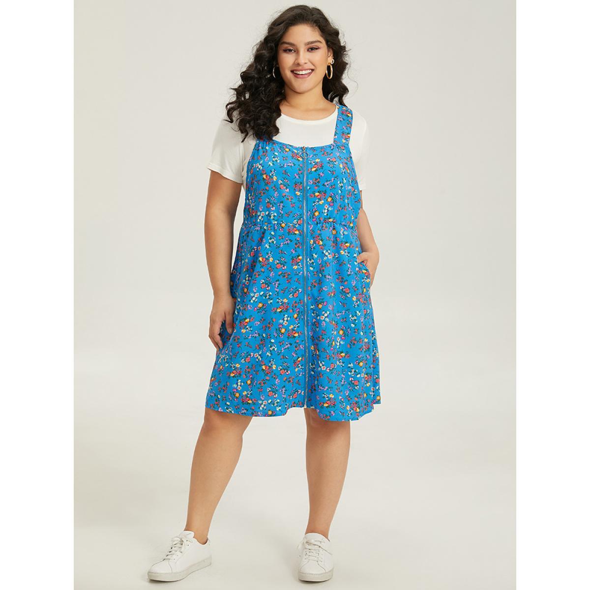 Plus Size Ditsy Floral Pocket Zipper Overall Cami Dress Blue Women Casual Zipper Spaghetti Strap Sleeveless Curvy Knee Dress BloomChic 28/5X Product Image