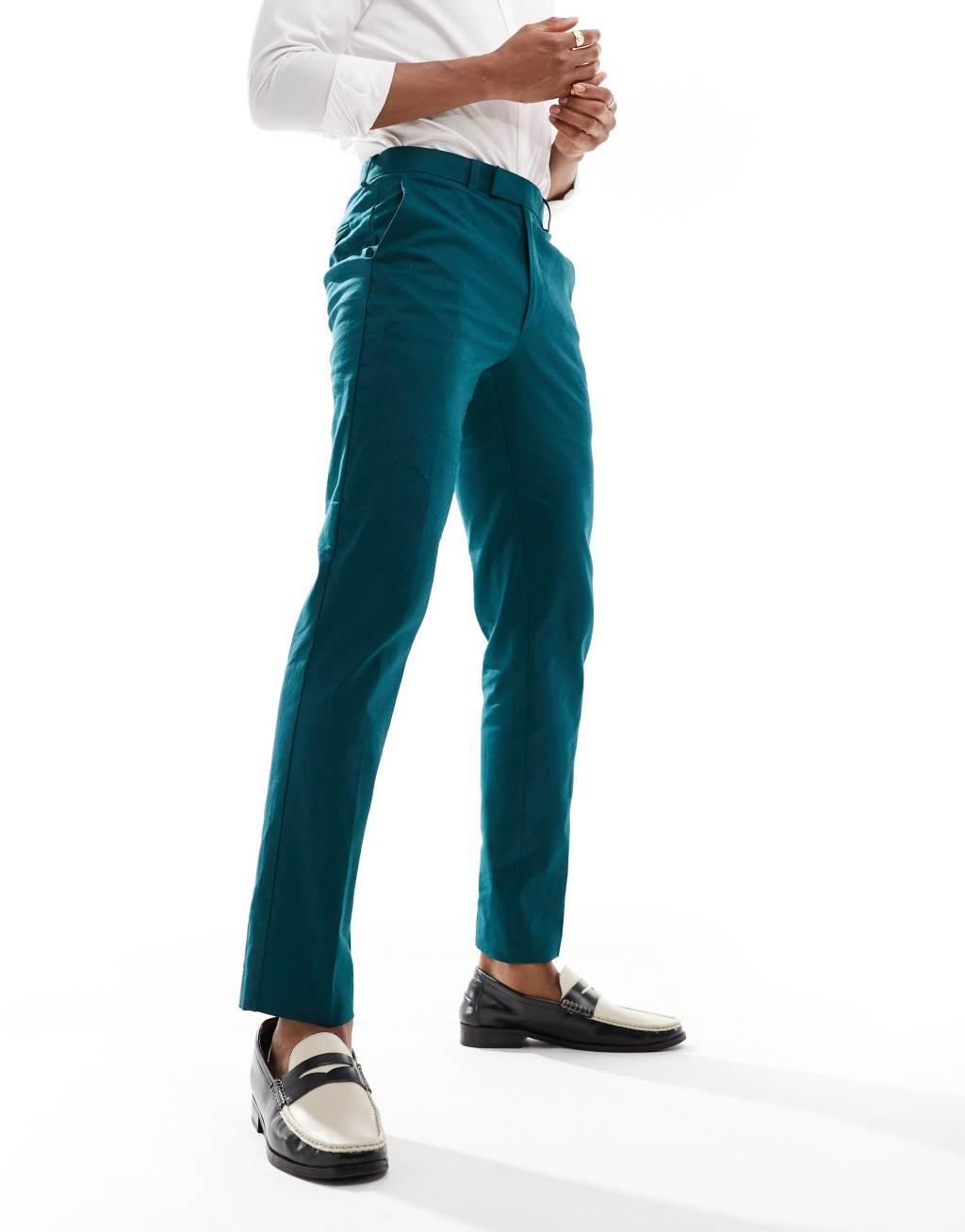 ASOS DESIGN slim linen mix suit pants in teal green Product Image
