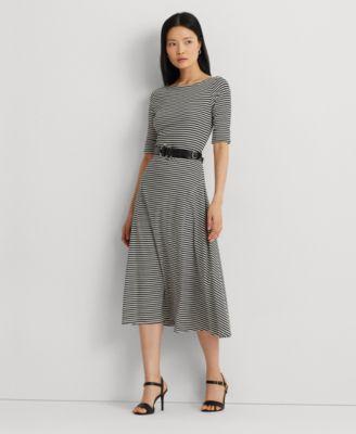 Lauren Ralph Lauren Striped Stretch Cotton Midi Dress (Black/Mascarpone Cream) Women's Dress Product Image