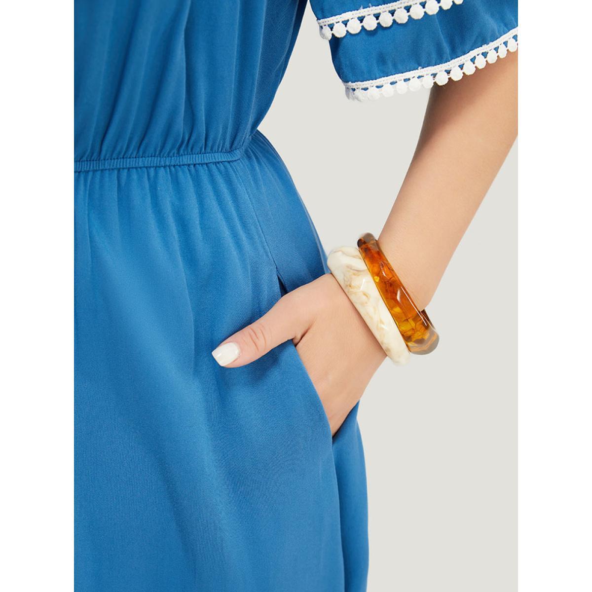 Plus Size Solid Tiered Sleeve Pocket Ruffles Cold Shoulder Pompom Trim Dress Cerulean Women Vacation Adjustable Straps Cold Shoulder Short sleeve Curvy Midi Dress BloomChic 26/4X Product Image