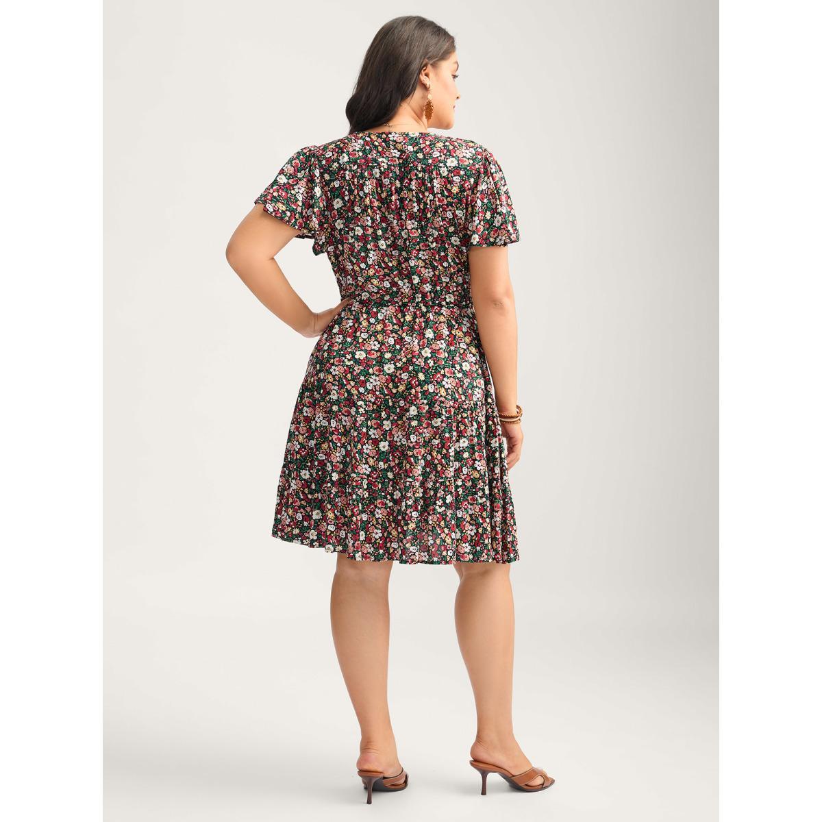 Plus Size Floral Print Waist-Tie Midi Dress Black Women V-neck Cap Sleeve Curvy BloomChic 14-16/1X Product Image