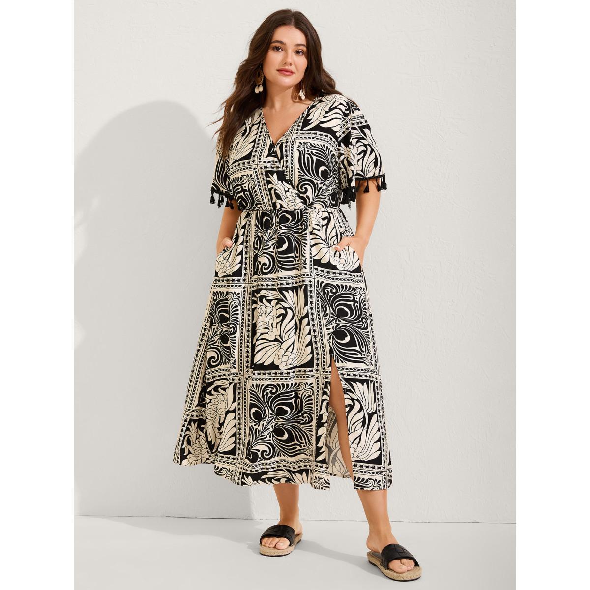 Plus Size Monochrome Collage Print Tassels Midi Dress Black Women V-neck Short sleeve Curvy BloomChic 22-24/3X Product Image