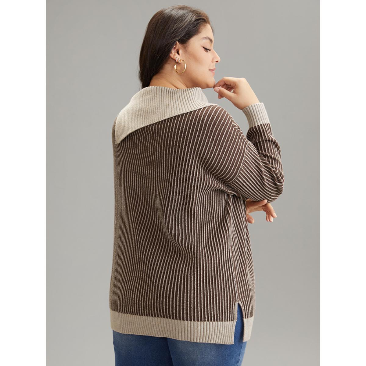 Plus Size Supersoft Essentials Striped Button Detail Pullover DarkBrown Women Casual Loose Long Sleeve Asymmetrical Neck Dailywear Pullovers BloomChic 10/M Product Image