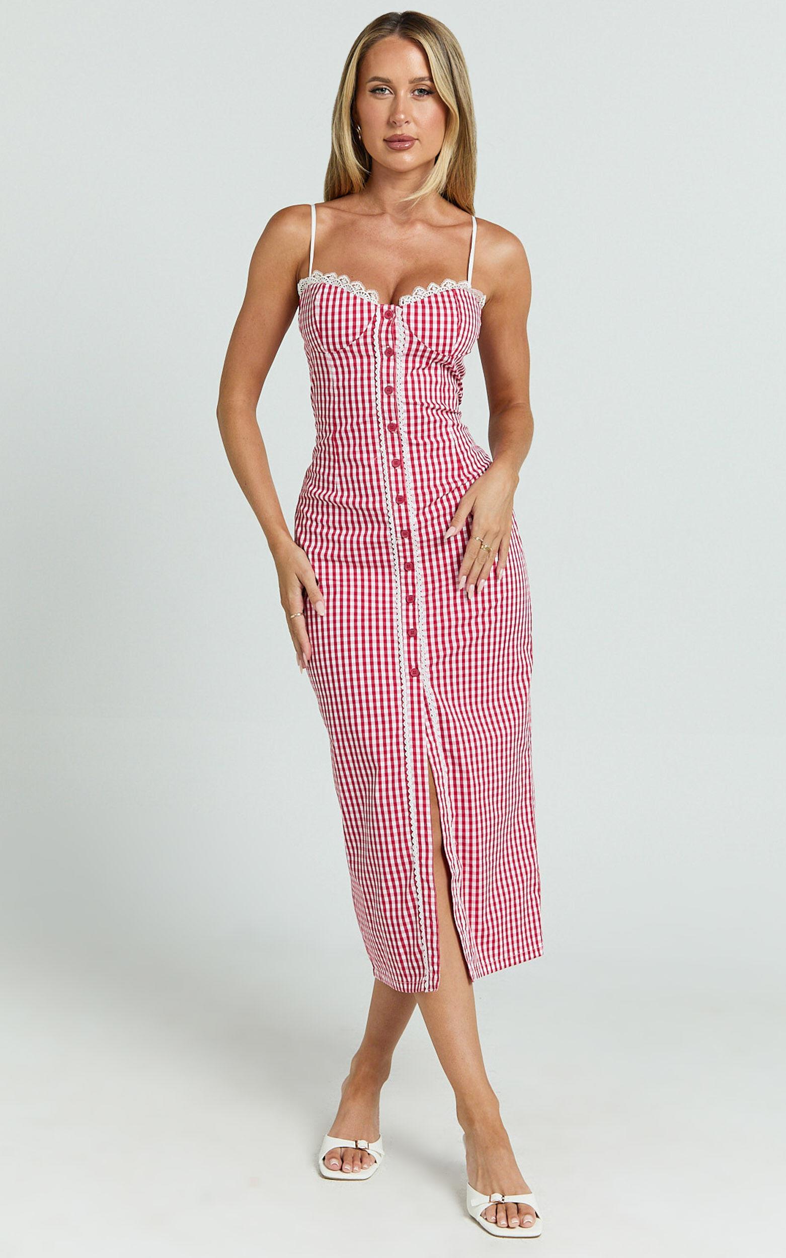 Anessa Midi Dress - Button Front Bustier Fitted Dress in Red Gingham Product Image