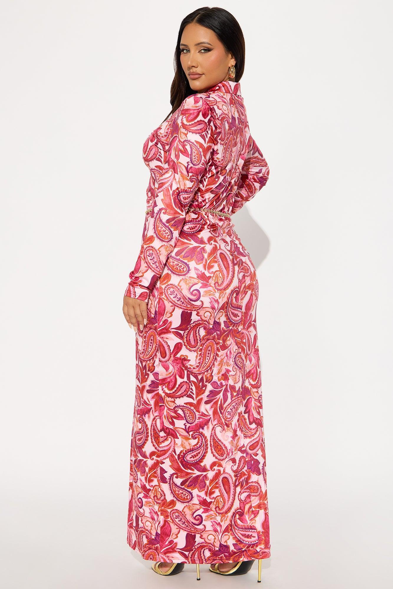 Alexius Chain Belted Maxi Shirt Dress - Pink/combo Product Image