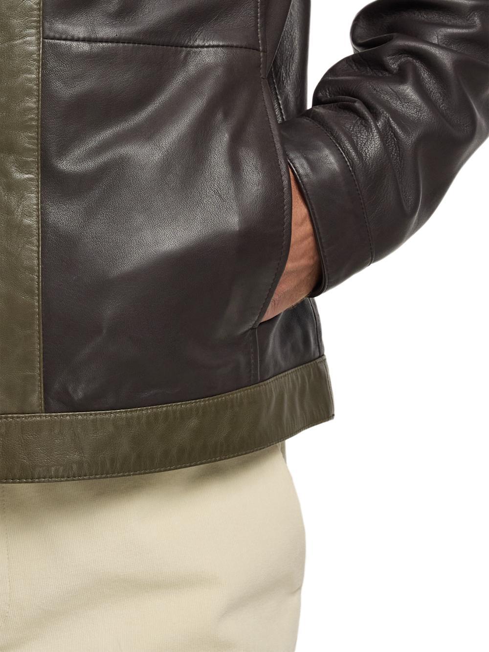 Leather Color Block Jacket - Dark Brown/olive Product Image