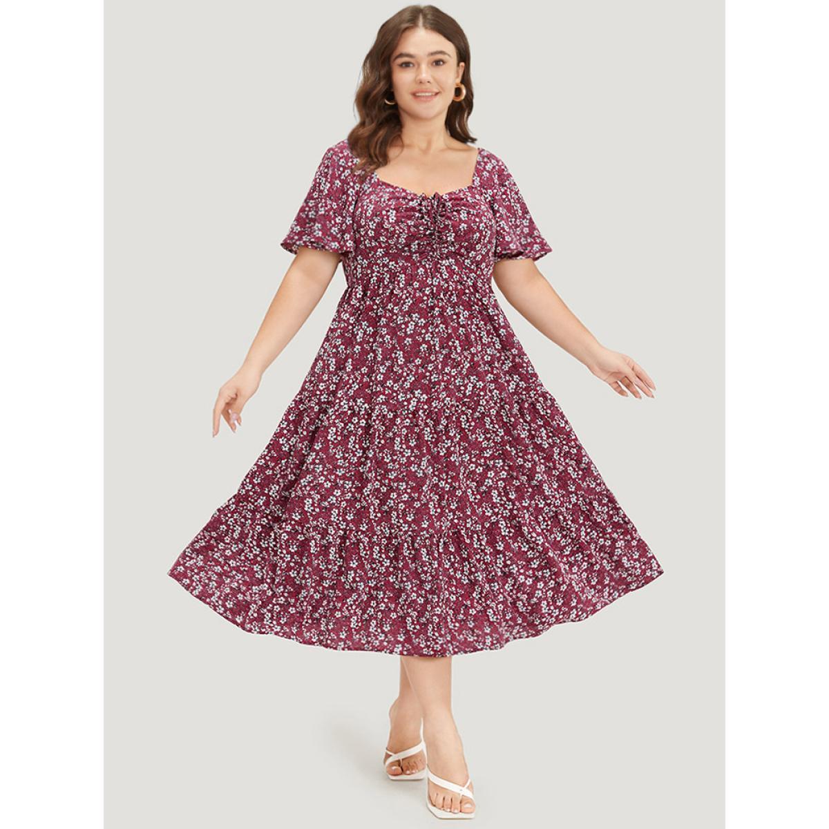 Plus Size Ditsy Floral Pocket Drawstring Ruched Flutter Sleeve Dress Scarlet Women Elegant Printed Square Neck Short sleeve Curvy Midi Dress BloomChic 10/M Product Image