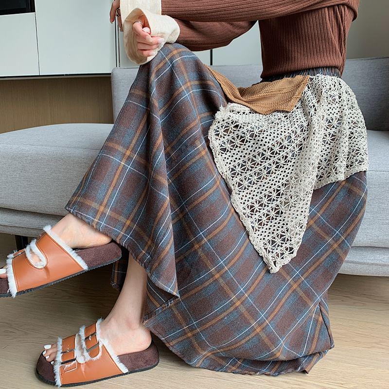 High Rise Plaid Patchwork Maxi A-Line Skirt Product Image