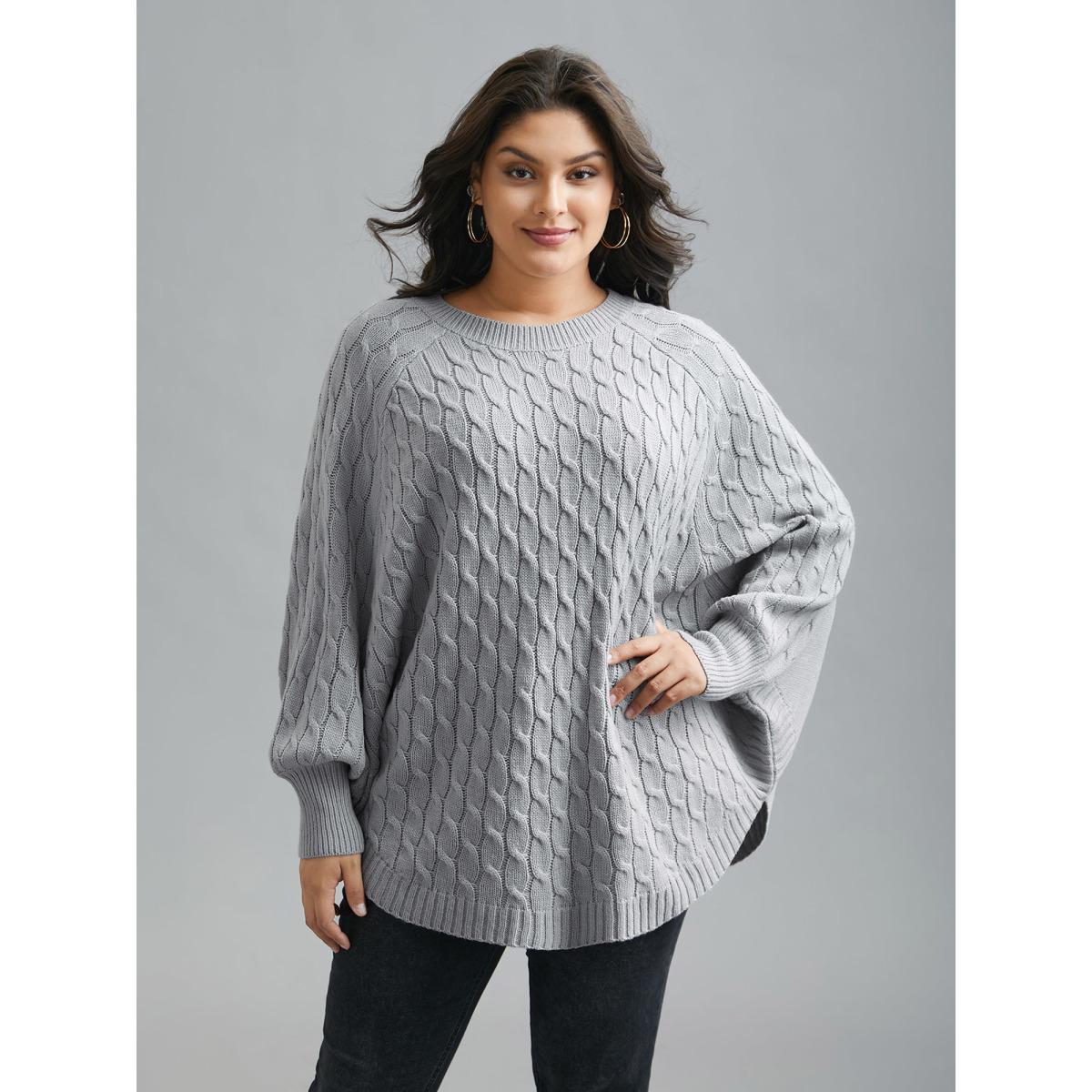 Plus Size Cable Knit Dolman Sleeve Curved Hem Pullover LightGray Women Casual Loose Long Sleeve Round Neck Everyday Pullovers BloomChic 28/5X Product Image