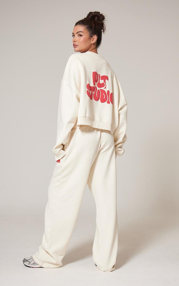 PRETTYLITTLETHING Sand Premium Studio Print Boxy Sweatshirt Product Image