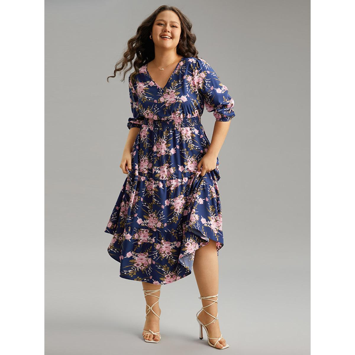 Plus Size Floral Print Shirred Elastic Cuffs Dress DarkBlue Women Elegant Pocket V-neck Elbow-length sleeve Curvy Midi Dress BloomChic 18-20/2X Product Image