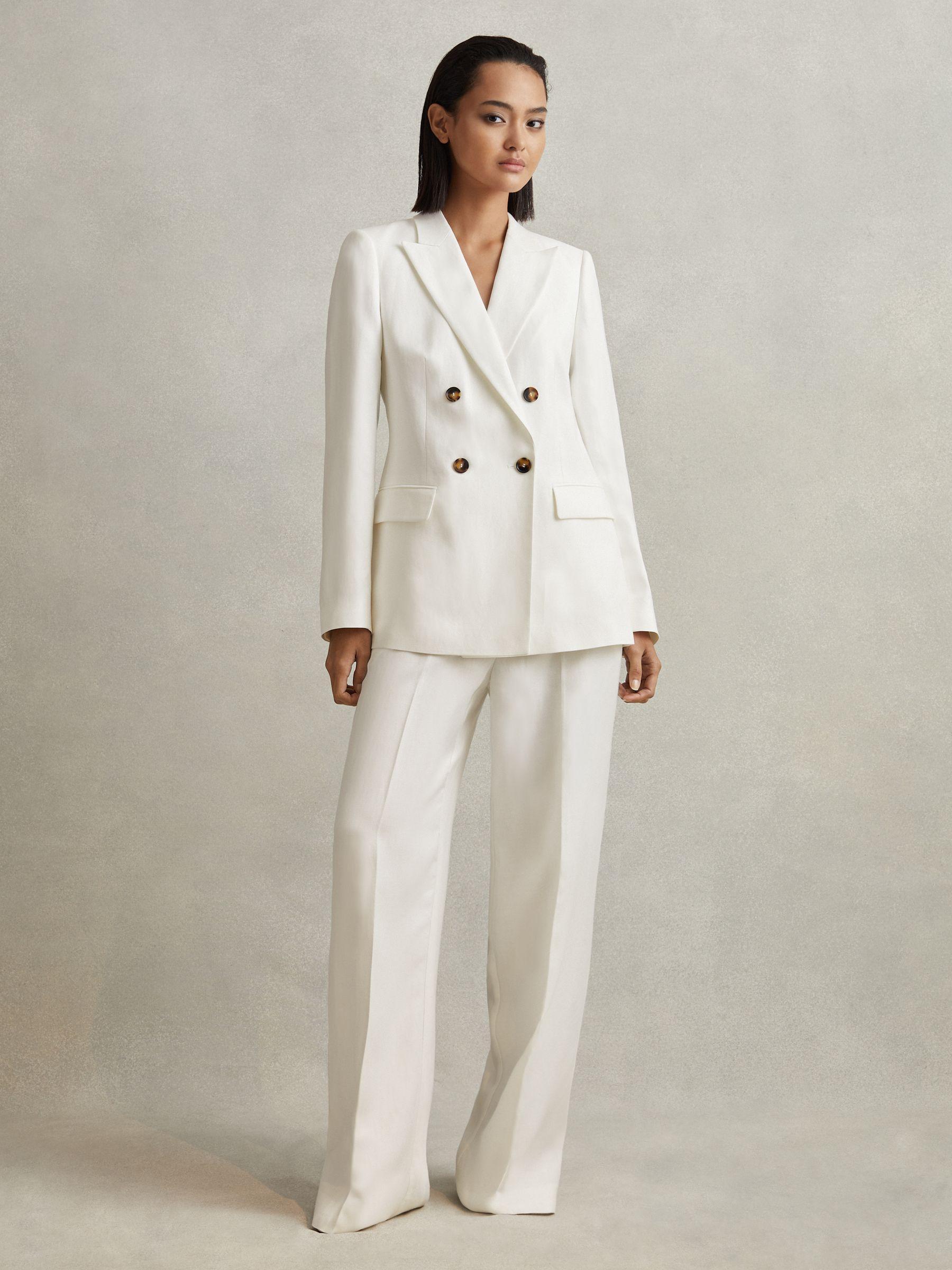 Viscose-Linen Double Breasted Suit Blazer in White Product Image