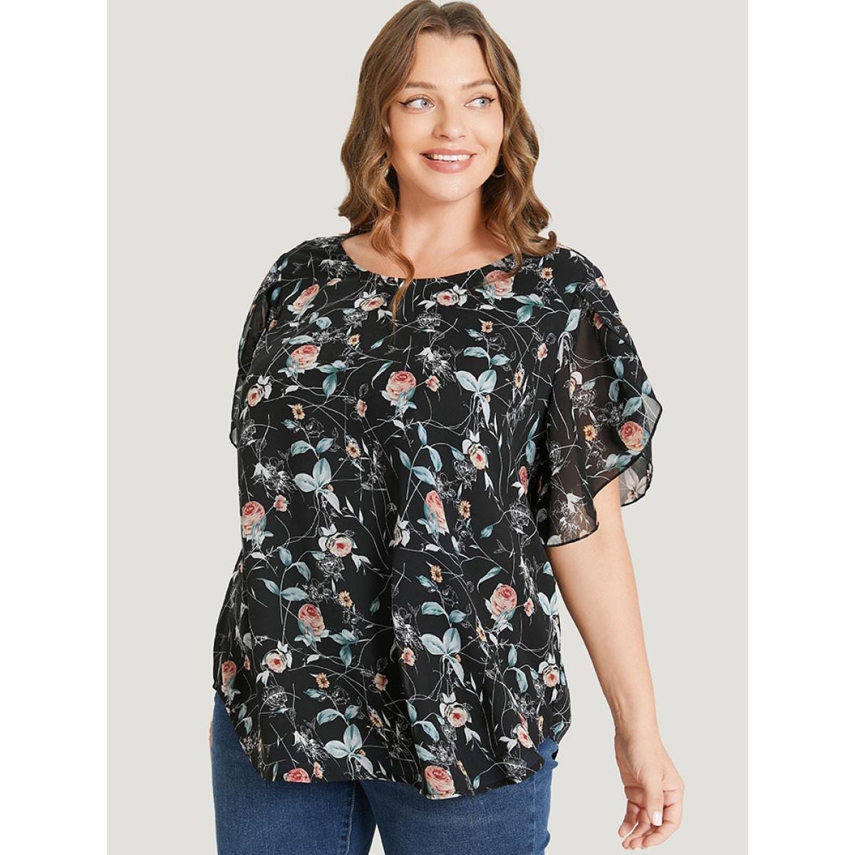 Plus Size Black Floral Split Sleeve Chiffon Blouse Women Elegant Short sleeve Round Neck Dailywear Blouses BloomChic 18-20/2X Product Image