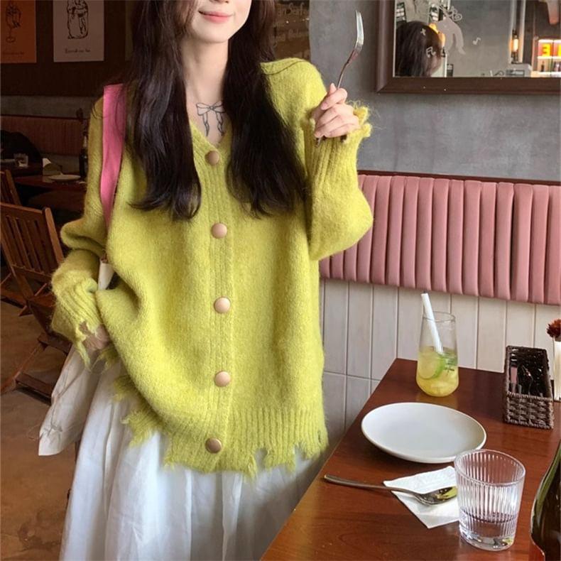 Set: V-Neck Plain Distressed Button-Up Cardigan + Choker Product Image