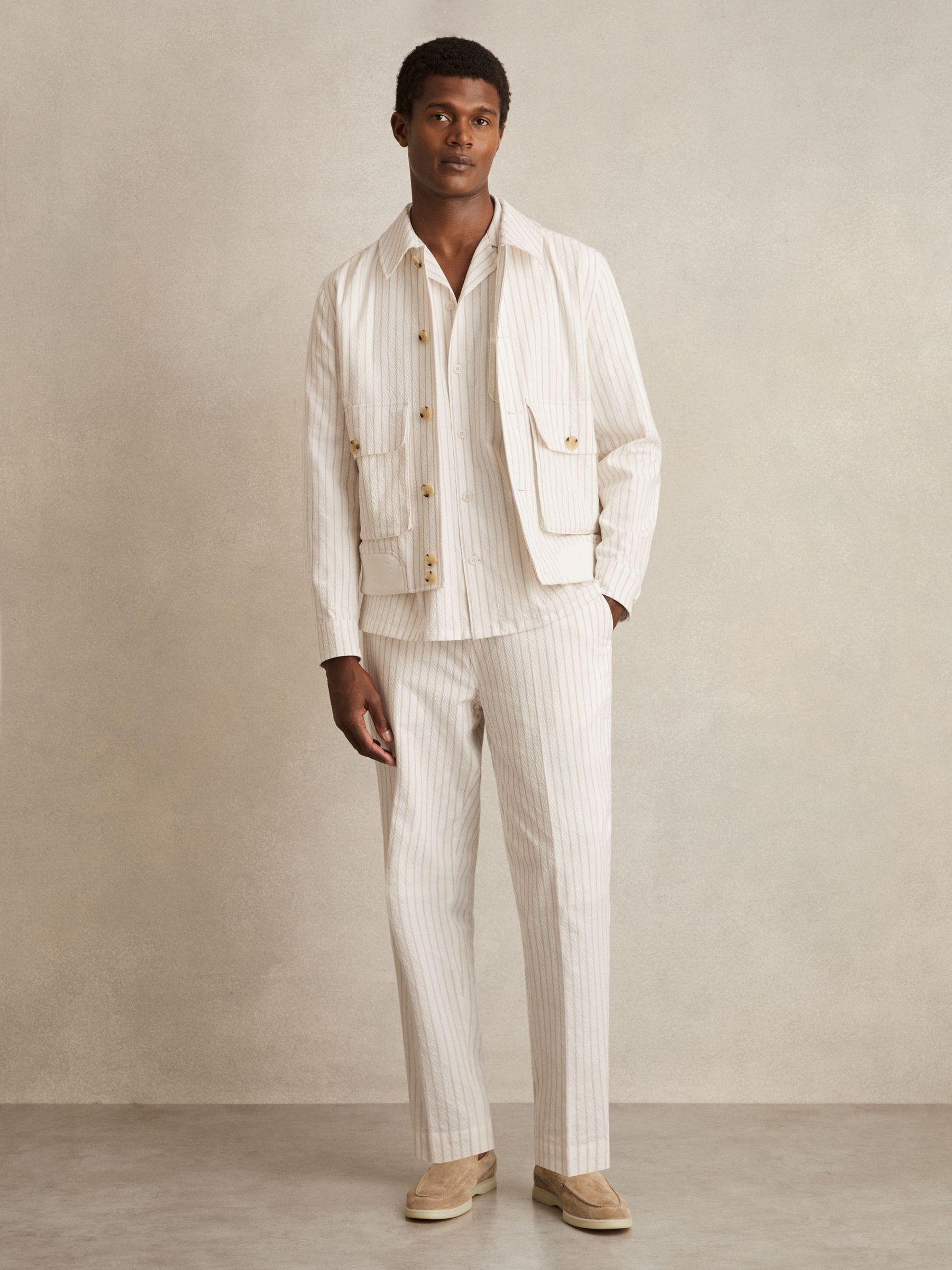 Cotton-Blend Seersucker Stripe Shirt in White/Taupe Brown Product Image