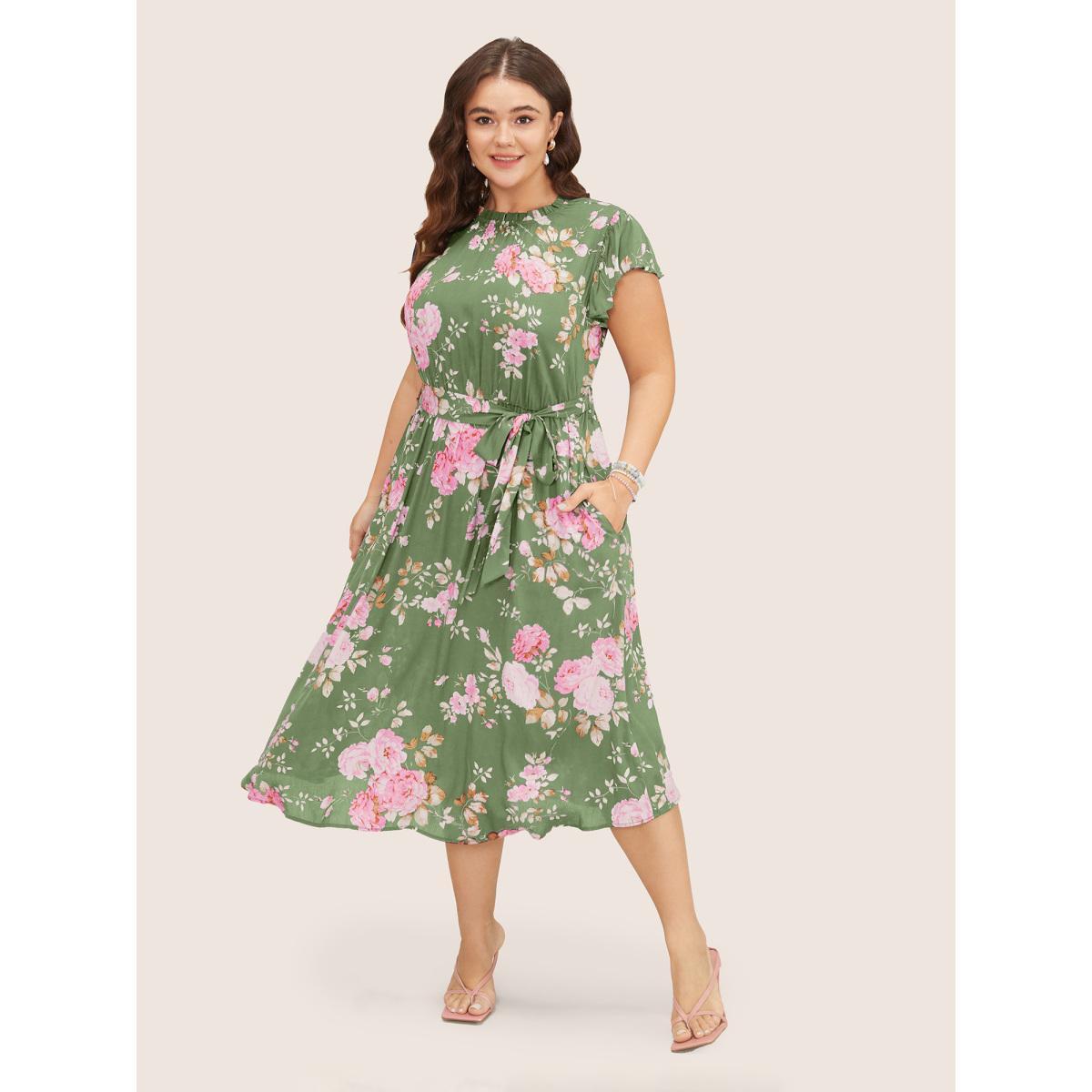 Plus Size Floral Frill Trim Mock Neck Pocket Ruffle Belted Cap Sleeve Dress Palemauve Women Elegant Non Round Neck Short sleeve Curvy Midi Dress BloomChic 30/6X Product Image