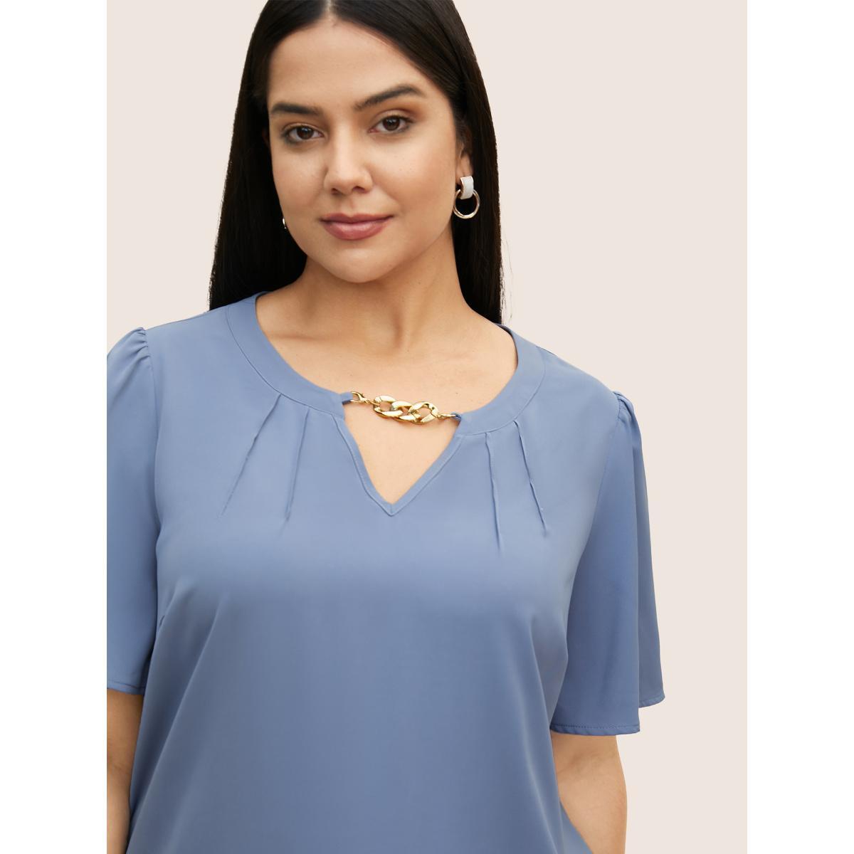 Plus Size Stone Keyhole Metal Chain Detail Ruffle Sleeve Blouse Women Work From Home Short sleeve Round Neck Work Blouses BloomChic 28/5X Product Image