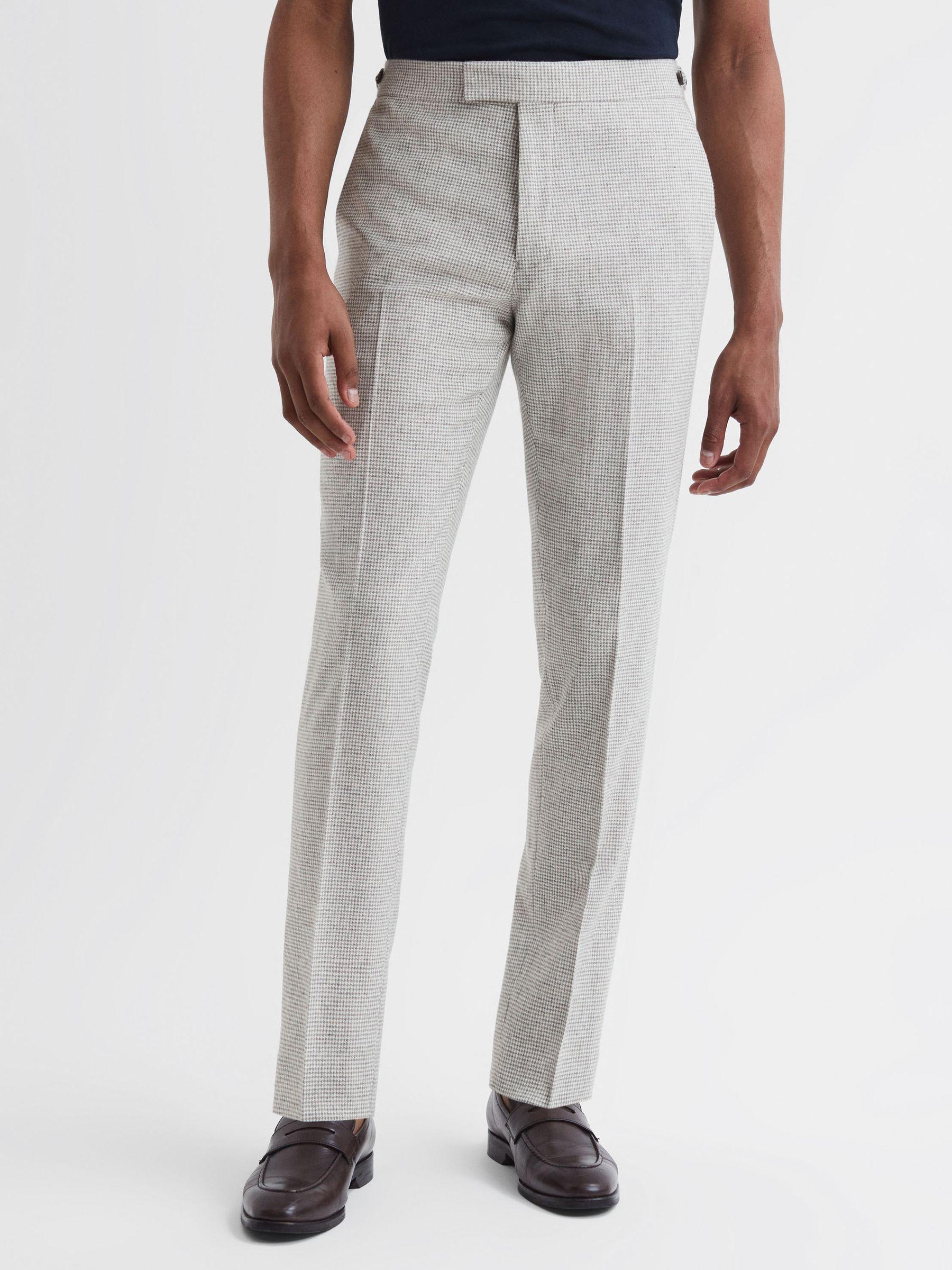 Flock Soft Grey Wool Blend Puppytooth Slim Fit Trousers Product Image