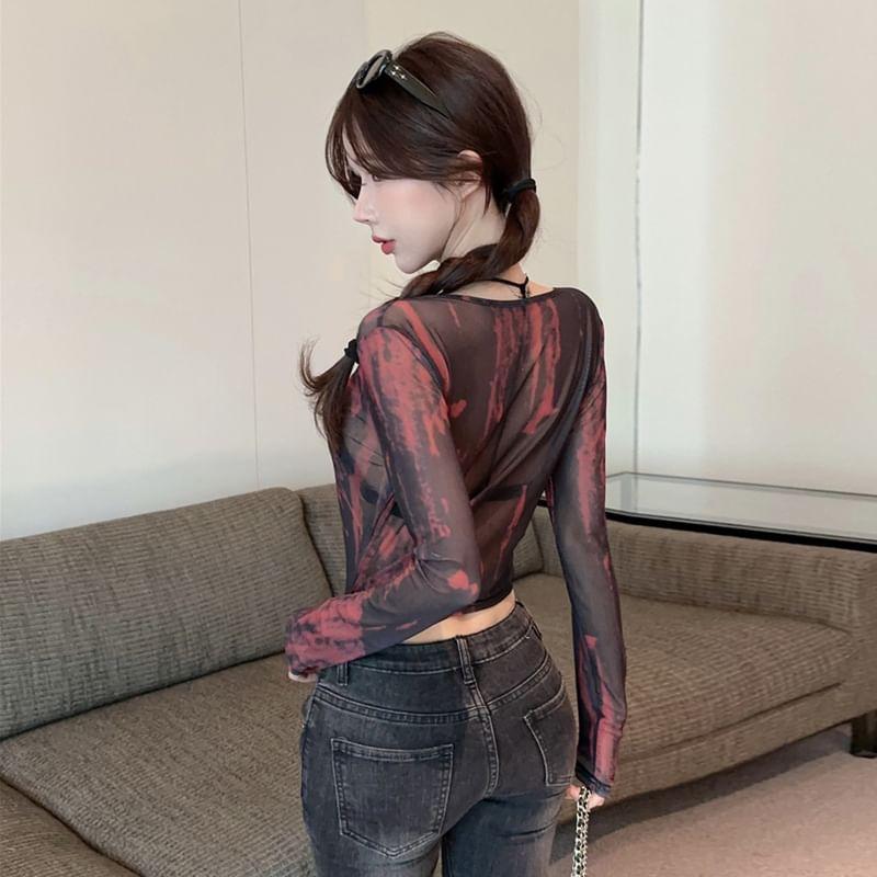 Long Sleeve V-Neck Tie-Front Mesh Crop Top Product Image