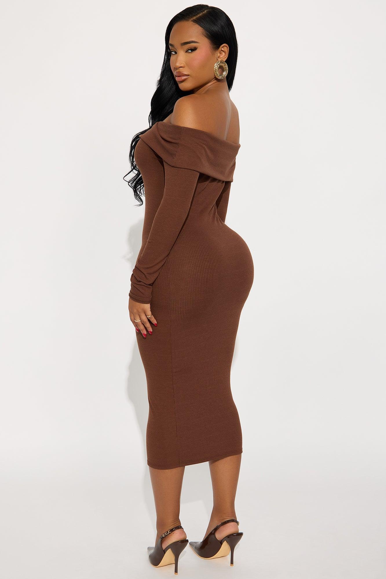 Leilani Off Shoulder Sweater Midi Dress - Chocolate Product Image
