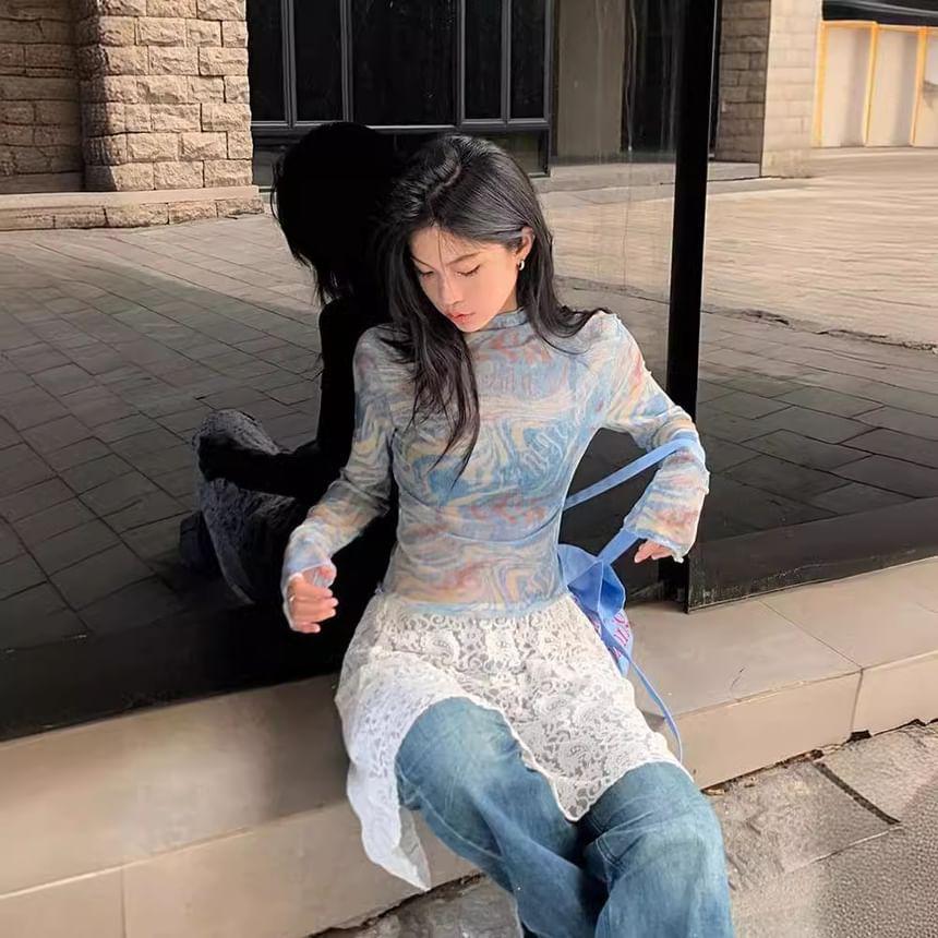 Long Sleeve Mock Neck Patterned Print Mesh Top Product Image