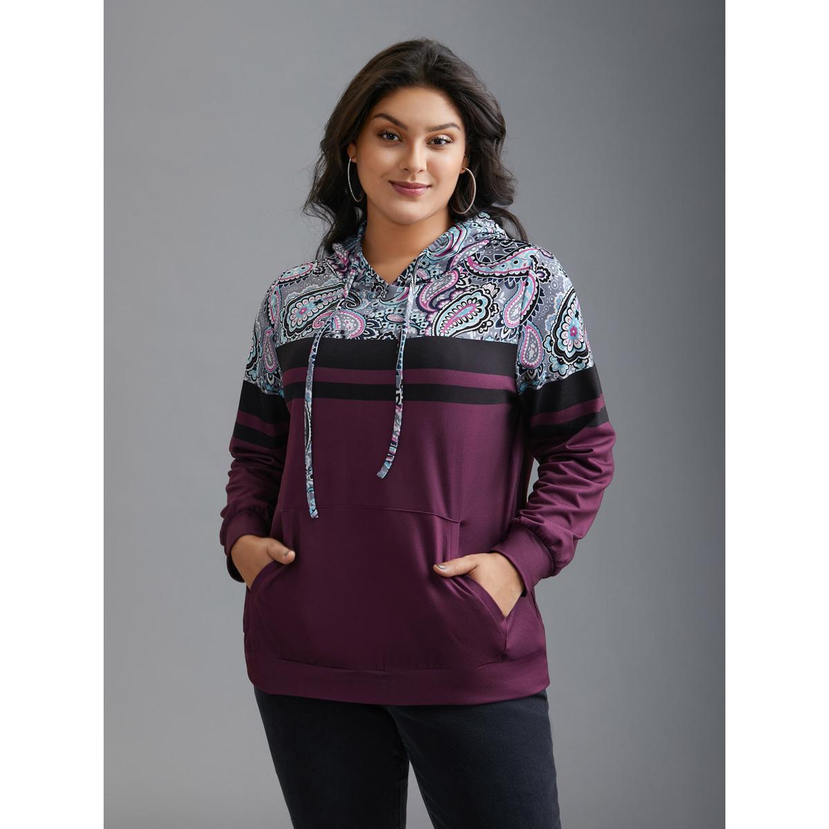 Plus Size Bandana Print Stretchy Contrast Hoodie Women Multicolor Casual Contrast Hooded Everyday Sweatshirts BloomChic 14-16/1X Product Image