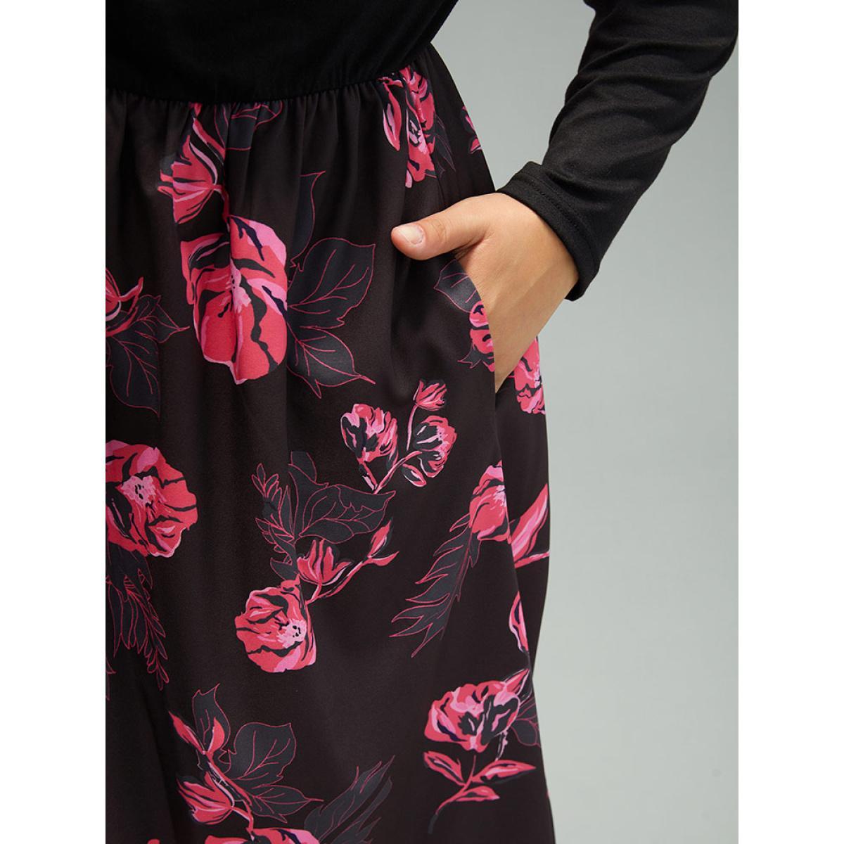 Plus Size Floral Patchwork Gathered Drawstring Dress Black Women Casual Gathered Tie Neck Long Sleeve Curvy Midi Dress BloomChic 14-16/1X Product Image