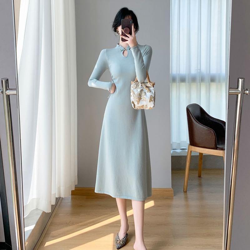 Long-Sleeve Mock Neck Plain Drawstring Midi A-Line Dress Product Image