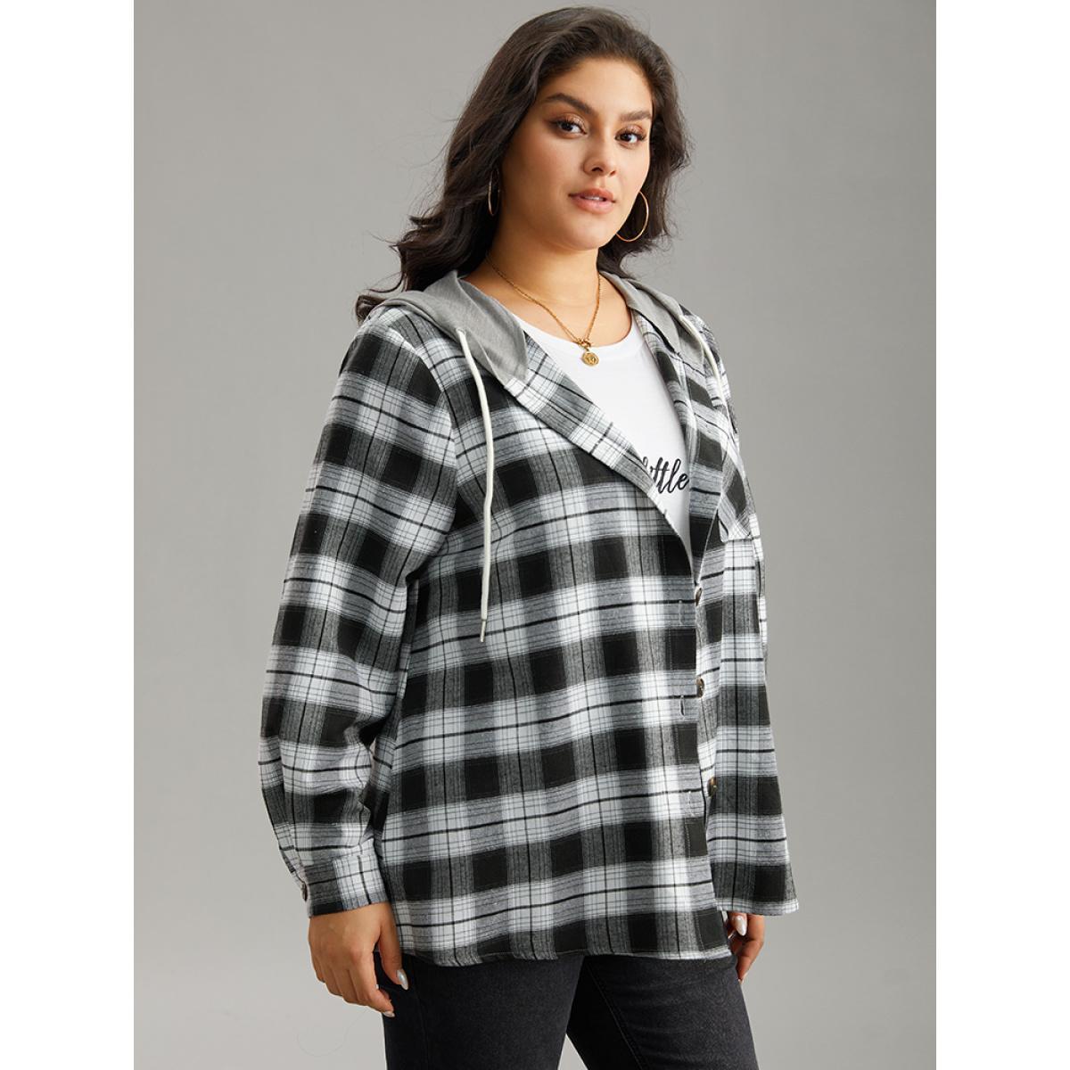 Plus Size Plaid Patchwork Hooded Drawstring Button Through Jacket Women Black Dailywear Jackets BloomChic 22-24/3X Product Image