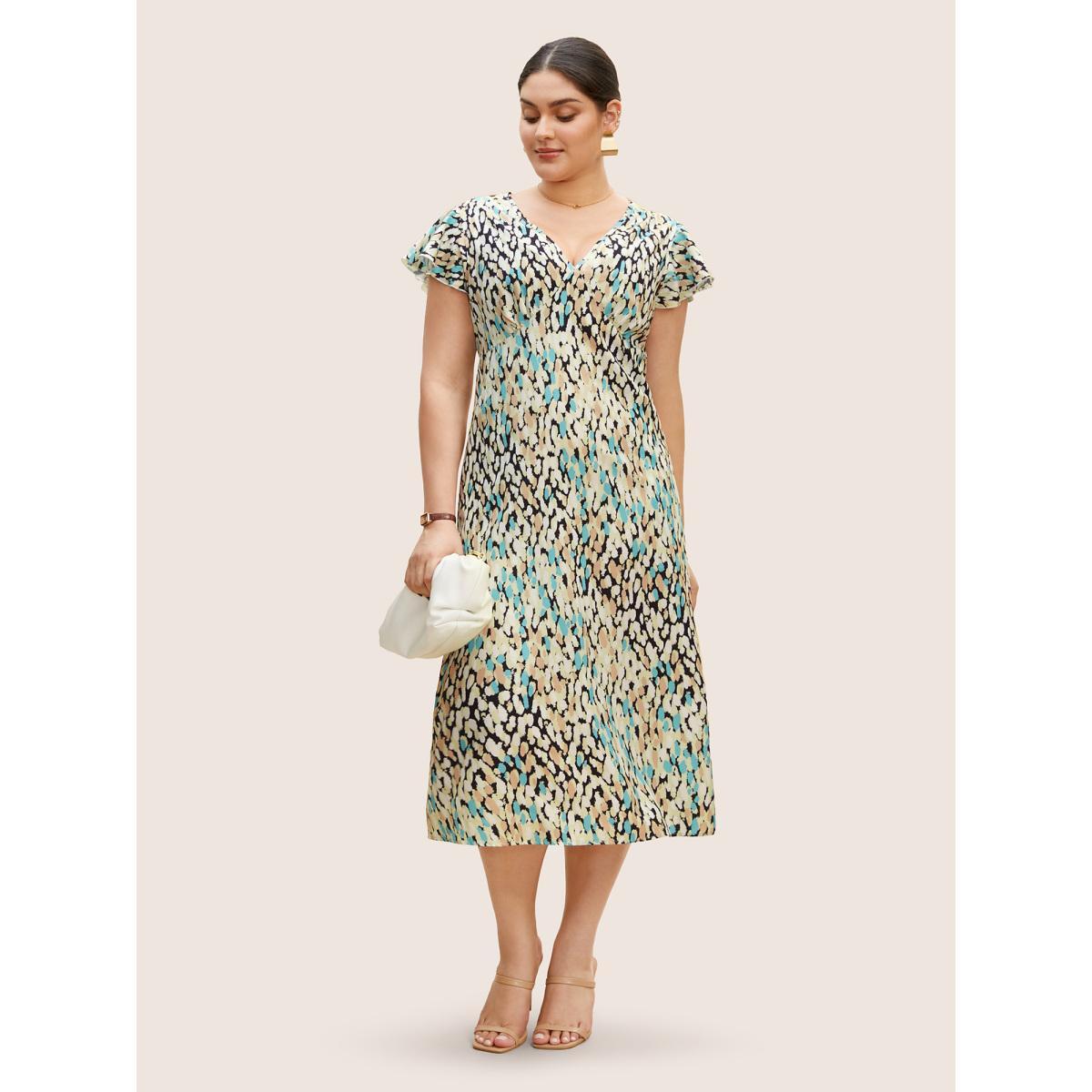 Plus Size V Neck Allover Print Ruffle Cap Sleeve Dress LightBlue Women At the Office Ruffles V-neck Cap Sleeve Curvy BloomChic 14-16/1X Product Image