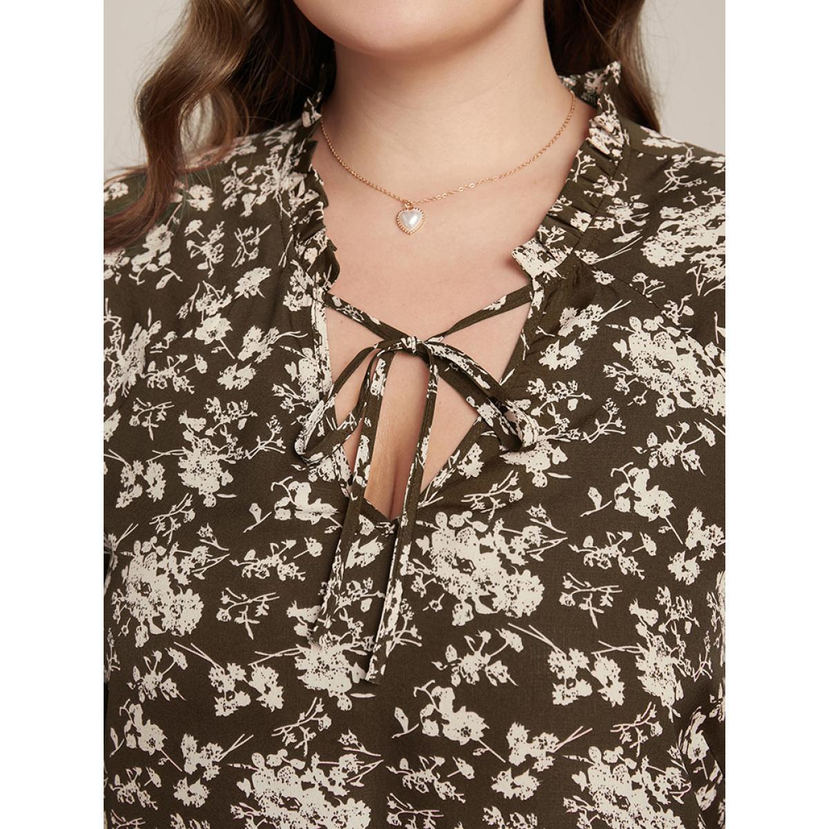 Plus Size DarkBrown Floral Print Lantern Sleeve Tie V Neck Blouse Women Elegant Elbow-length sleeve V-neck Dailywear Blouses BloomChic 26/4X Product Image
