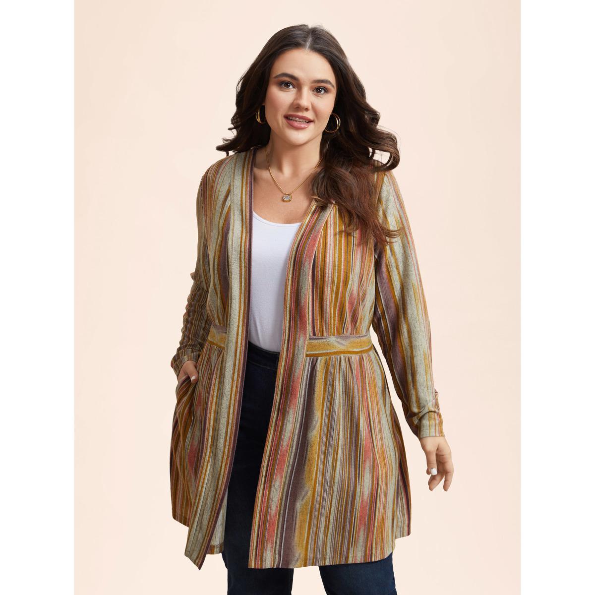 Plus Size Colored Striped Open Front Waist Defining Jacket Women Watermelon Contrast Bodycon Side seam pocket Everyday Jackets BloomChic 22-24/3X Product Image
