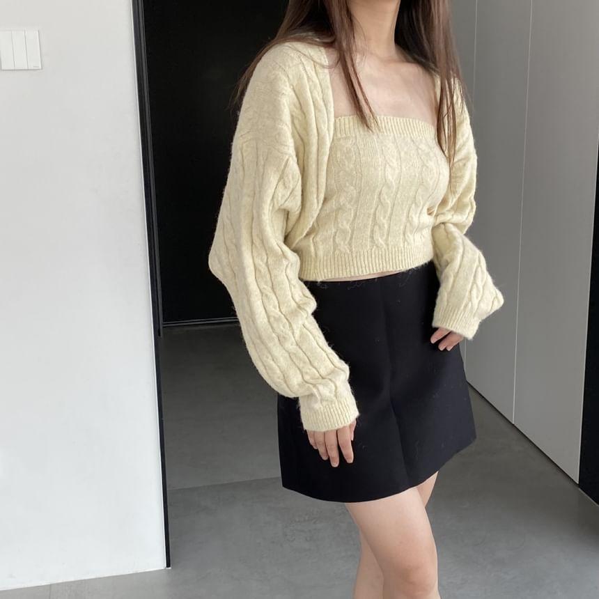 Set: Plain Cable-Knit Cardigan +  Tube Top Product Image