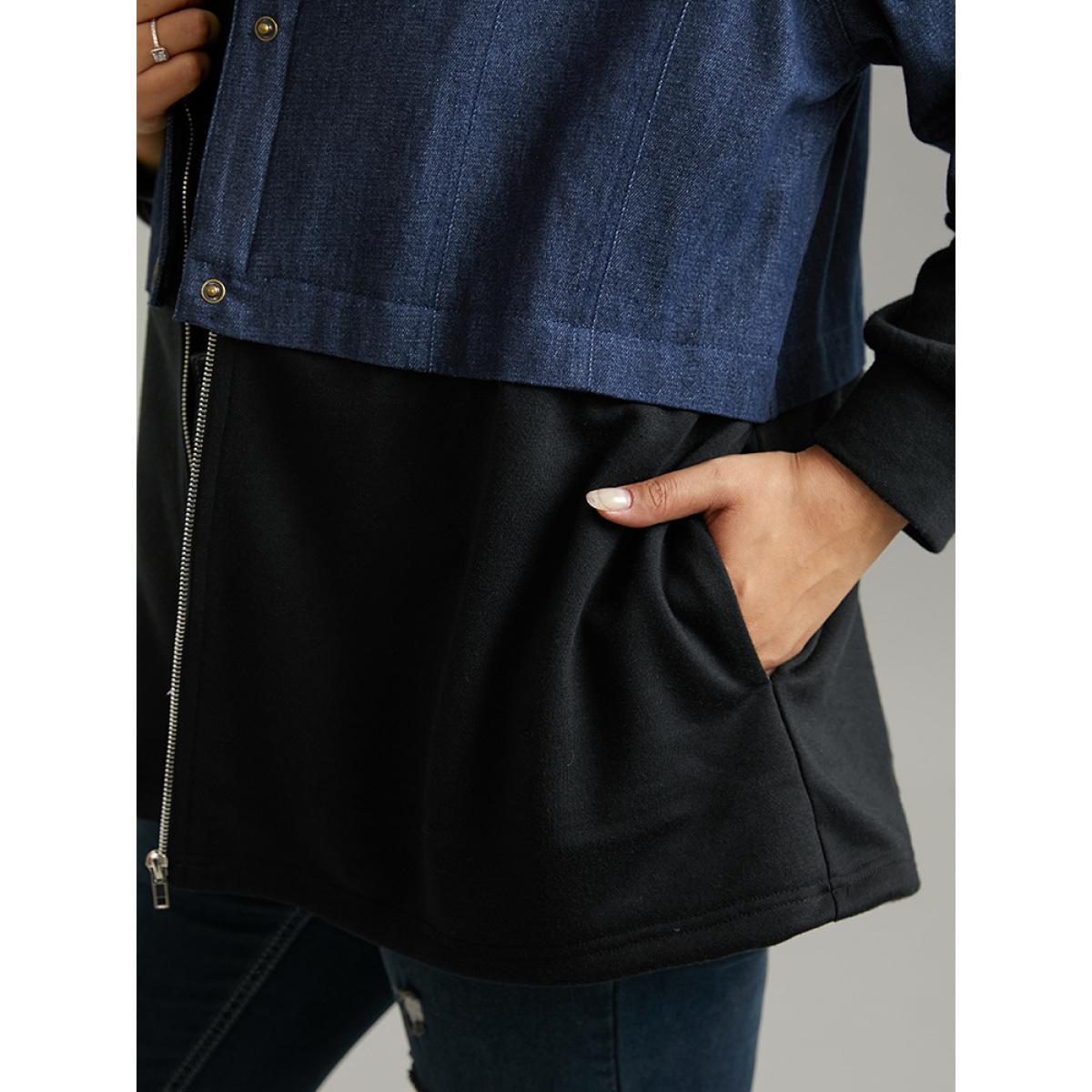 Plus Size Contrast Patchwork Button Up Pocket Zipper Coat Women Black Casual Contrast Ladies Everyday Winter Coats BloomChic 30/6X Product Image