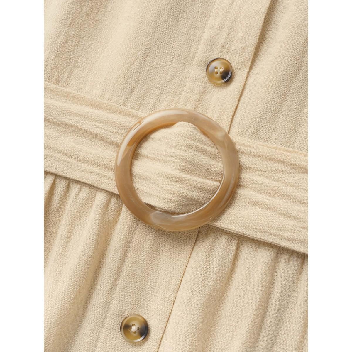 Plus Size Cotton Solid Buckle Detail Ruffle Cap Sleeve Dress Beige Women Casual Belted Square Neck Cap Sleeve Curvy BloomChic 30/6X Product Image