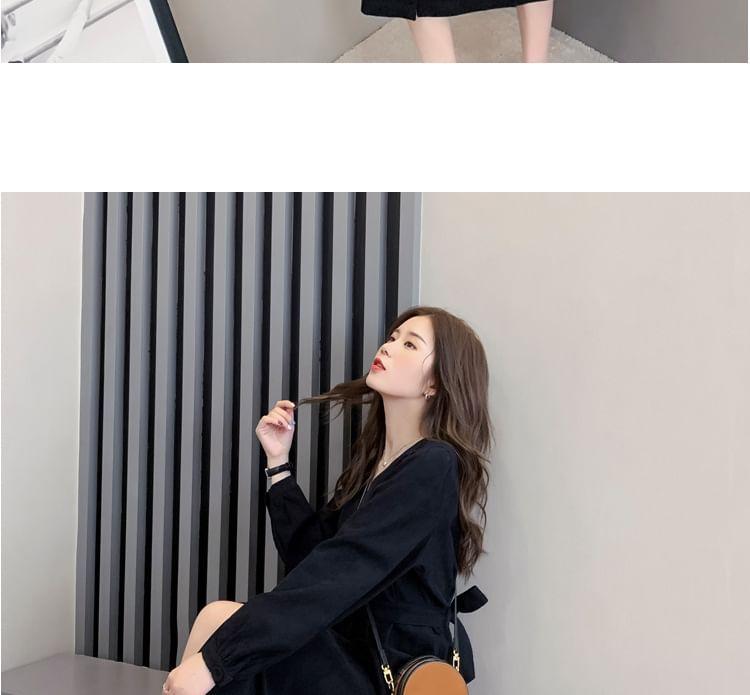 Puff-Sleeve V-Neck Plain Button-Up Midi A-Line Dress Product Image