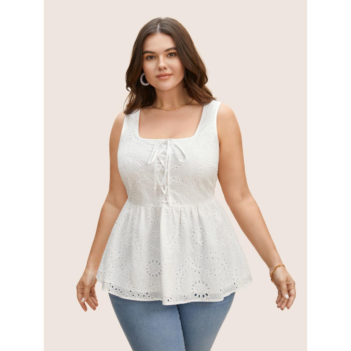 Plus Size Square Neck Broderie Anglaise Tie Knot Tank Top Women Originalwhite Elegant Tie knot Square Neck Everyday Tank Tops Camis BloomChic 18-20/2X Product Image