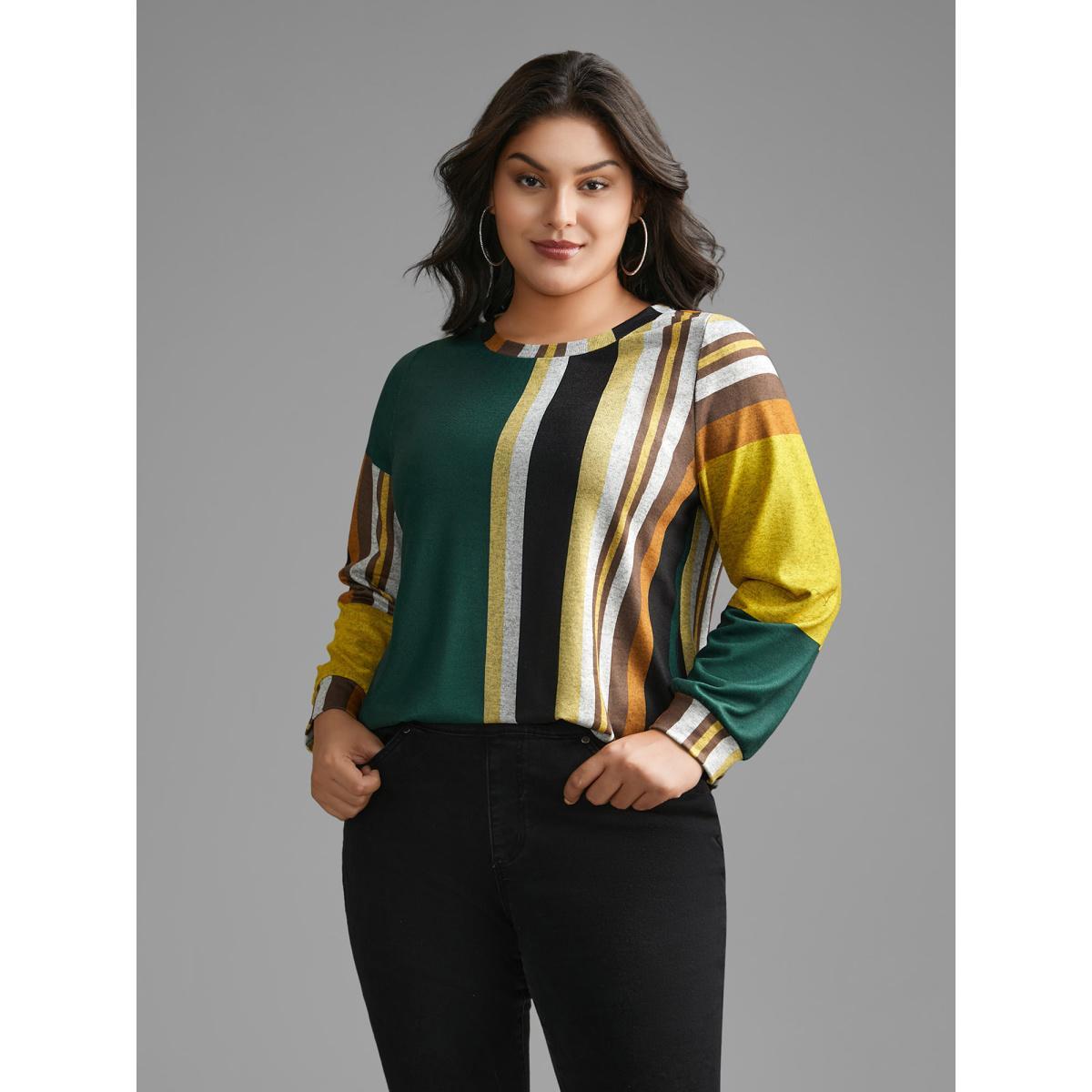 Plus Size Colored Striped Crew Neck T-shirt Multicolor Women Casual Contrast Round Neck Loose Everyday T-shirts BloomChic 10/M Product Image