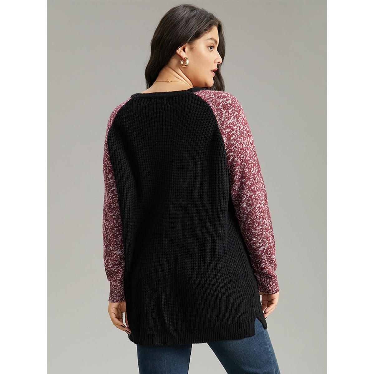Plus Size Heather Patchwork Raglan Sleeve Pocket Cardigan Black Women Casual Loose Long Sleeve Dailywear Cardigans BloomChic 30/6X Product Image