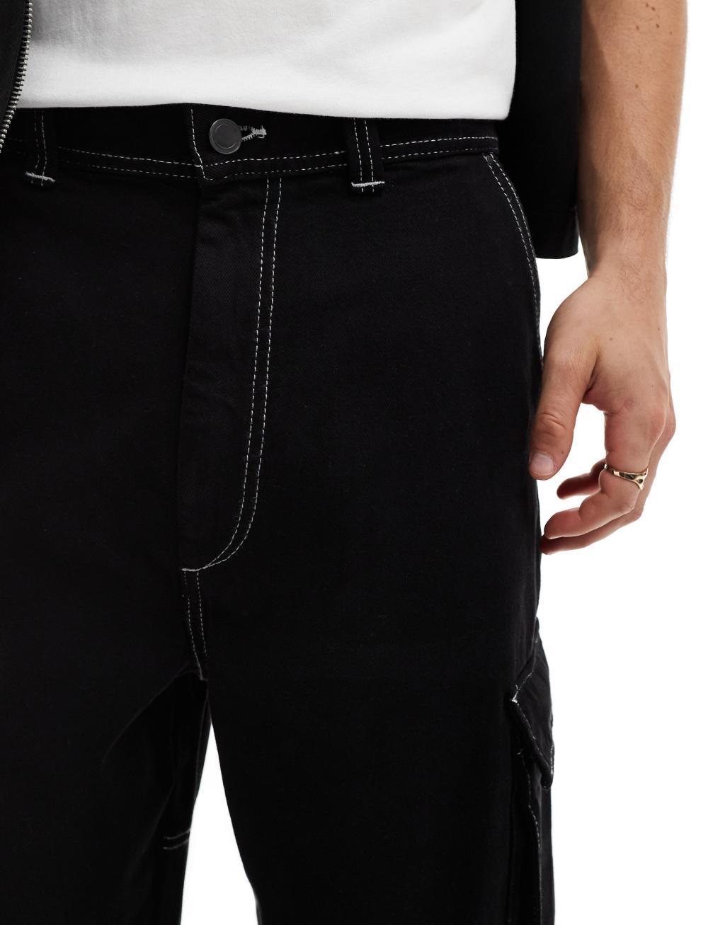 Bershka contrast stitch cargo pants in black Product Image