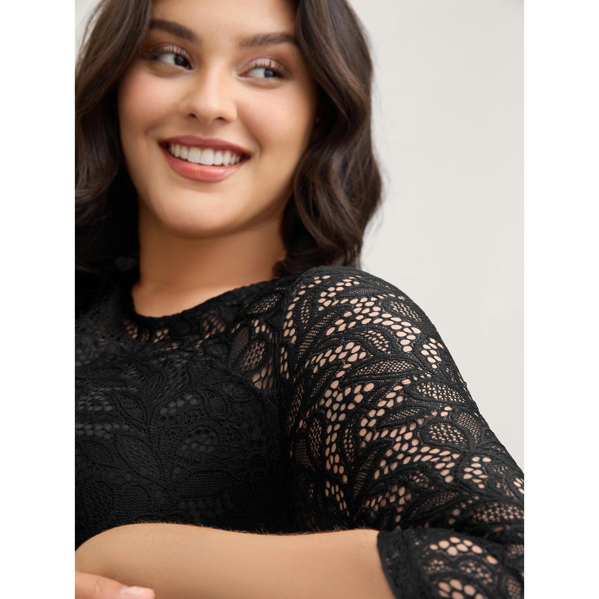Plus Size Lace Patchwork Shirred Midi Pocket Dress Black Women Cocktail Woven ribbon&lace trim Round Neck Elbow-length sleeve Curvy BloomChic 22-24/3X Product Image