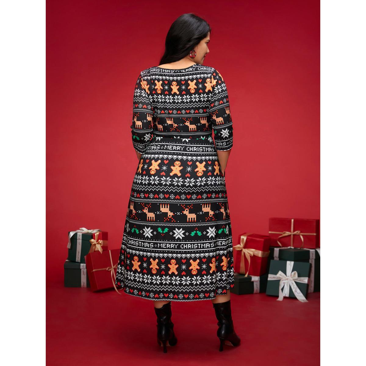 Plus Size Holiday Printed Fit-and-Flare Silhouette Midi Dress BlackFlower Women Casual Non Round Neck Elbow-length sleeve Curvy BloomChic 12/L Product Image