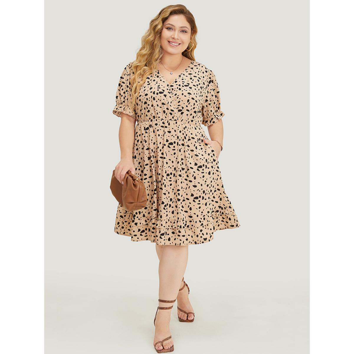 Plus Size Leopard Print Puff Sleeve Pocket Wrap Ruffle Trim Dress Apricot Women Office Wrap V-neck Short sleeve Curvy Knee Dress BloomChic 10/M Product Image