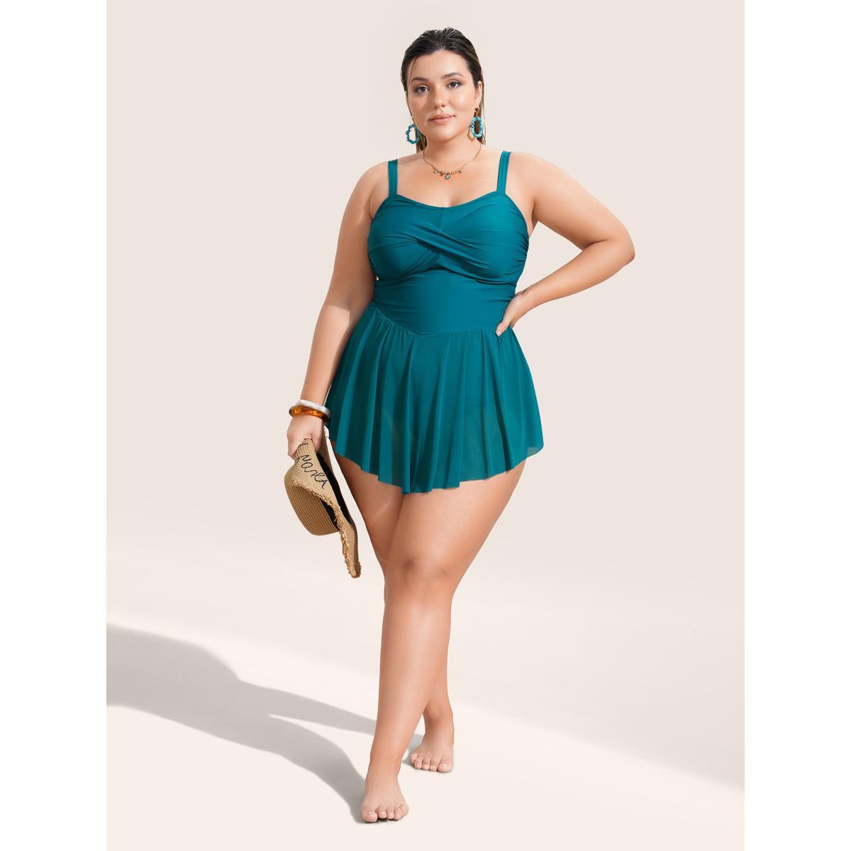 Plus Size Solid Twist Front Heart Neckline Swim Dress Women's Swimwear Teal Beach Bodycon Heart neckline High stretch Curve Swim Dresses BloomChic 30/6X Product Image