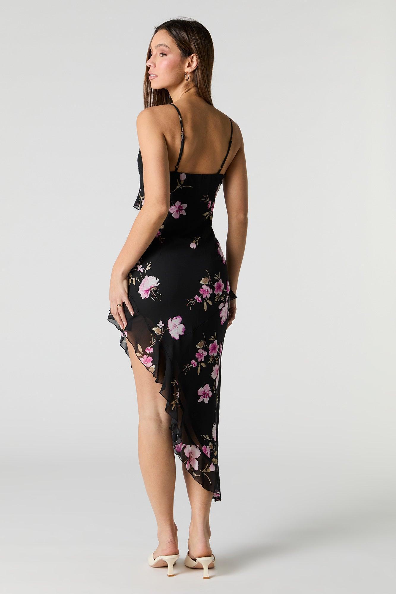 Floral Chiffon Ruffle Asymmetrical Midi Dress Female Product Image